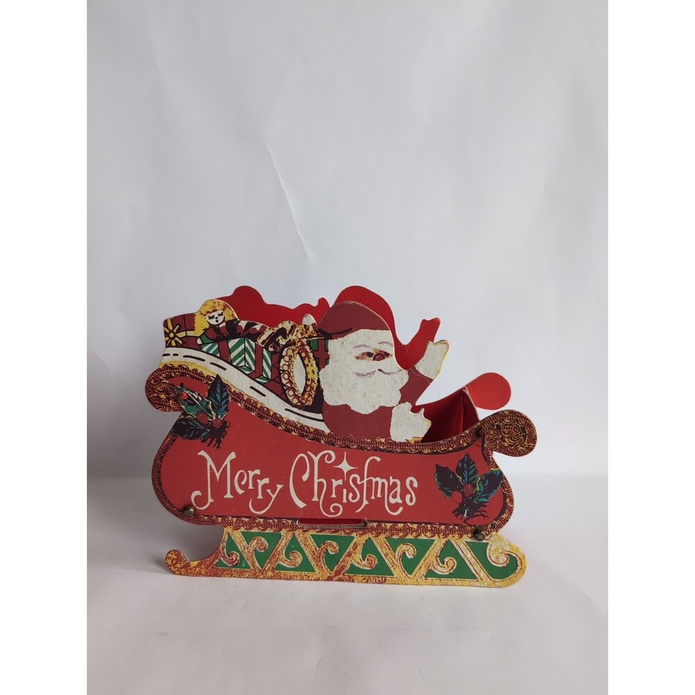 Vintage Collapsible Santa Cardboard Sleigh Kitschy Christmas Centerpiece Decor